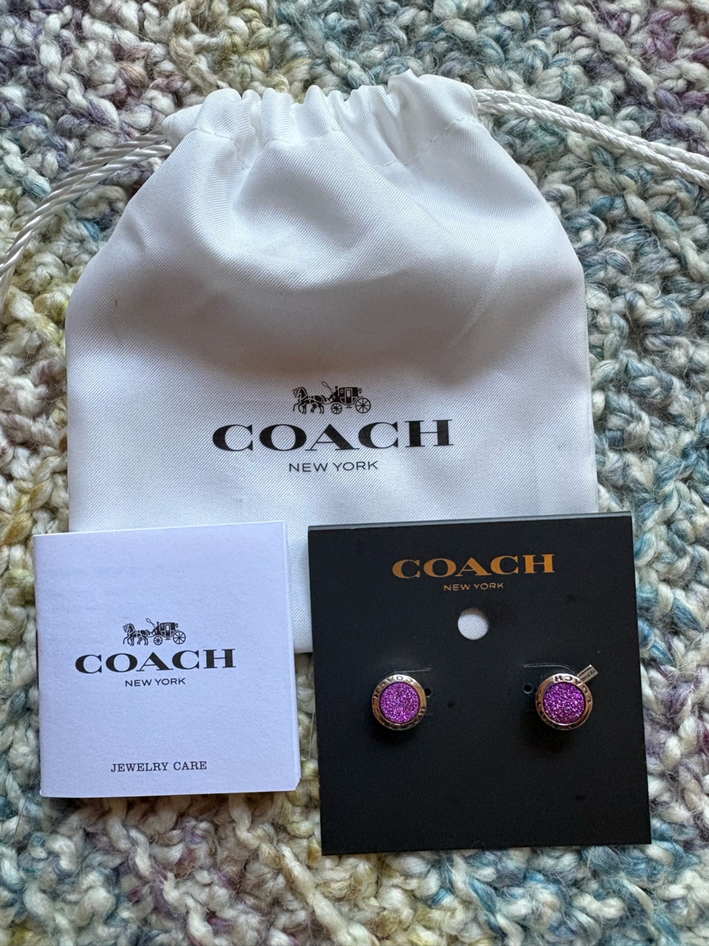 NWT Coach Open Circle Stone Stud Earrings Purple with Dust Bag